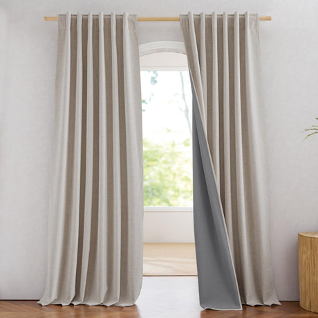 NICETOWN 100% Blackout Linen Curtains 90" Long for Bedroom, Thermal Insulated Living Room Curtains with Liner, Farmhouse Style Linen Blend Window Draperies for Dining Room (2 Panels, 52" W, Natural) NICETOWN