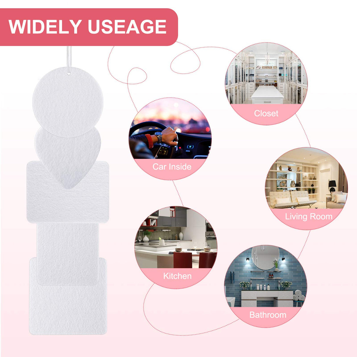 120 Pieces Sublimation Air Freshener Blanks DIY Air Freshener Sheets Blank Car Pressed Air Freshener Felt Polyester Laser Cut Blanks for Car Travel Heat Press Ornaments with Elastic Cord, 5 Styles Zonon