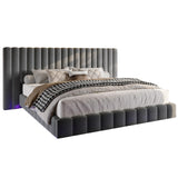 Jocisland King Bed Frame with LED Lights and Upholstered Oversized Headboard, Modern Velvet Platform with Floating Design, No Box Spring Needed, Grey Jocisland