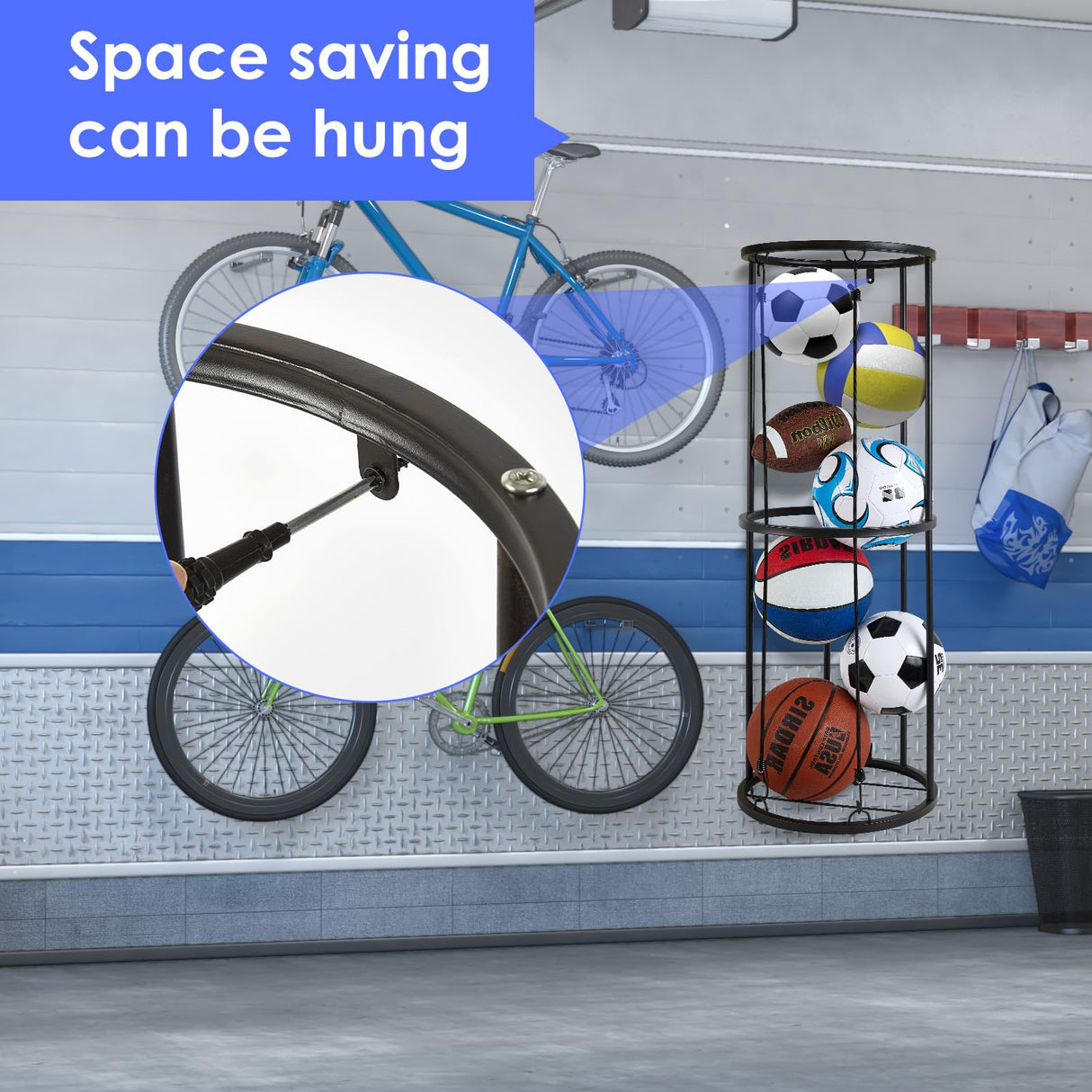 URMMIY Garage Ball Storage Rack - Wall-Mounted Vertical Ball Holder for Basketball, Soccer, Volleyball, Football - Space-Saving Sports Organizer for Garage, Home, Basement, Kids' Room, Outdoor Use URMMIY