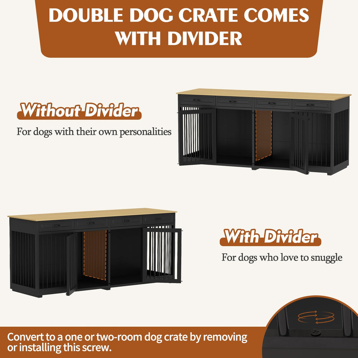 PIAOMTIEE 86.6" Large Double Dog Crate Furniture, XXL Wooden Dog Crate Kennel Furniture with Divider and 4 Drawers, Dog Crates Furniture for 2 Large Dogs Indoor, Black PIAOMTIEE