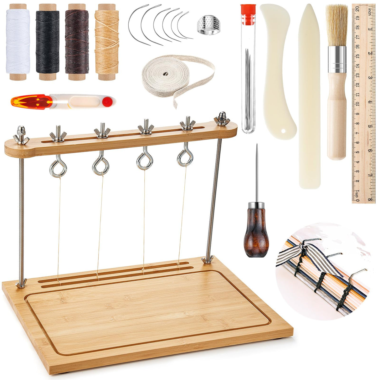 Maysing 24 Pcs Book Binding Kits Bookbinding Tools Bookbinding Sewing Frame Set Hand Bookbinding Supplies with Awl Bone Folder Paper Creaser Glue Brush Curved Needles Wax Thread for Handmade DIY Craft Maysing