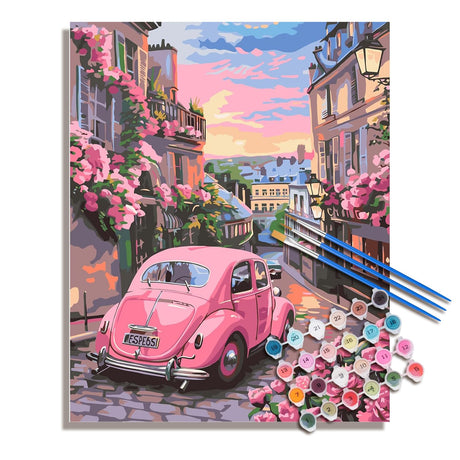 Paint by Numbers Kit for Adults Beginner, Abstract Landscape Acrylic Adult Paint by Number Kits on Canvas, Vintage Pink Car Watercolor Paint by Number for Adults, Perfect for Home Decor Gift 16"x20" hoshiron