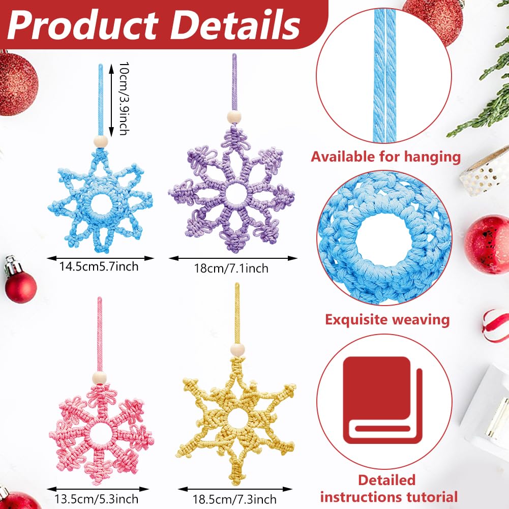 ACRNIGHEET 4pcs Snowflake Christmas Macrame Kit for Beginners, Xmas Tree Hangings Kits, Learn to Macrame with Step-by-Step Tutorials, Christmas Gifts ACRNIGHEET