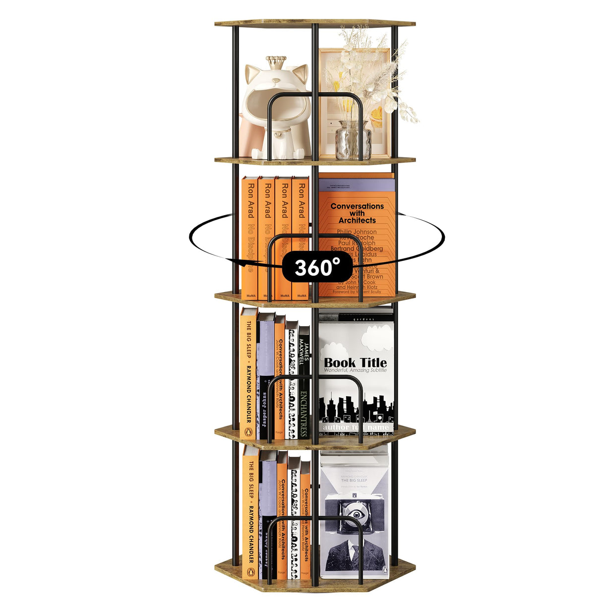 SUNMORY 4 Tier Rotating Bookshelf Tower, Revolving 360 ° Spinning Bookcase, Hexagonal Corner Book Shelf Storage Carousel, Vertical Rotate Turning Organizer Book Shelves for Living Room Office Bedroom SUNMORY