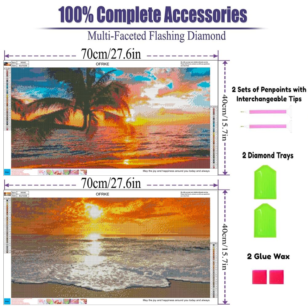 2 Pack Diamond Painting Kits，Large 5D DIY Sunset Diamond Painting Kits for Adults，DIY Full Drill Crystal Rhinestone Arts and Crafts，Beach Gem Art Painting with Diamond for Home Wall Decor (28X16inch) OFRKE
