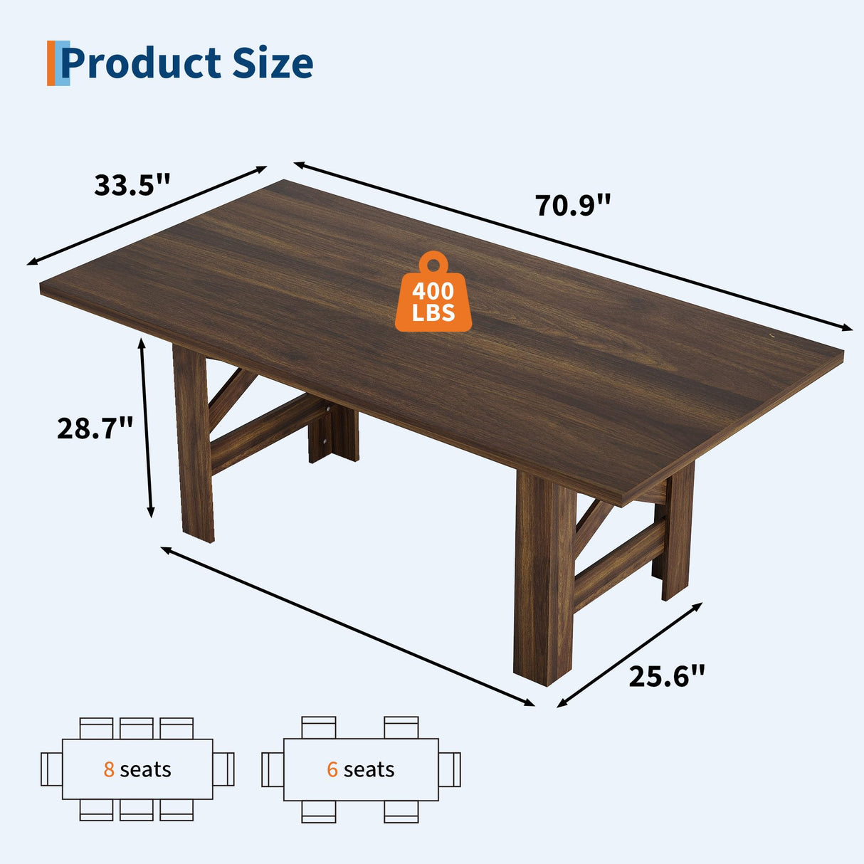 GarveeHome Dining Table for 6-8, 71" Long Large Wooden Farmhouse Kitchen Table with Thick Sturdy Frame, Rectangular Dining Room Dinner Table with Stable Triangular Legs for Kitchen,Office,Rustic Brown GarveeHome