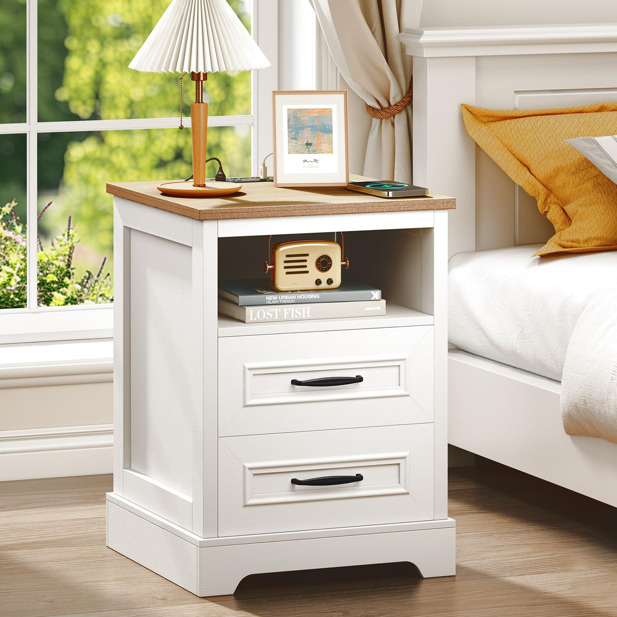 Curlaky Farmhouse Nightstand with Charging Station, Wood Night Stand with Drawers, Bedside Table, Nightstands with Open Storage Shelf, Rustic Night Stands for Bedroom, Closet, 18" Wide, 24" Tall Curlaky