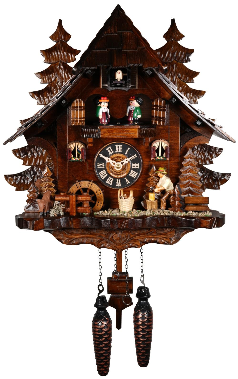 Engstler Quartz Cuckoo Clock Black Forest House with Moving Wood Chopper and Mill Wheel, with Music EN 473 QMT Engstler
