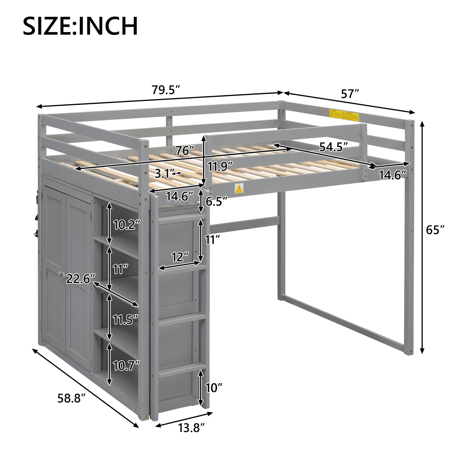 Contemporary Gray Full Size Loft Bed with Integrated Wardrobe and Storage, LED Light & Guardrails - WoodArtSupply