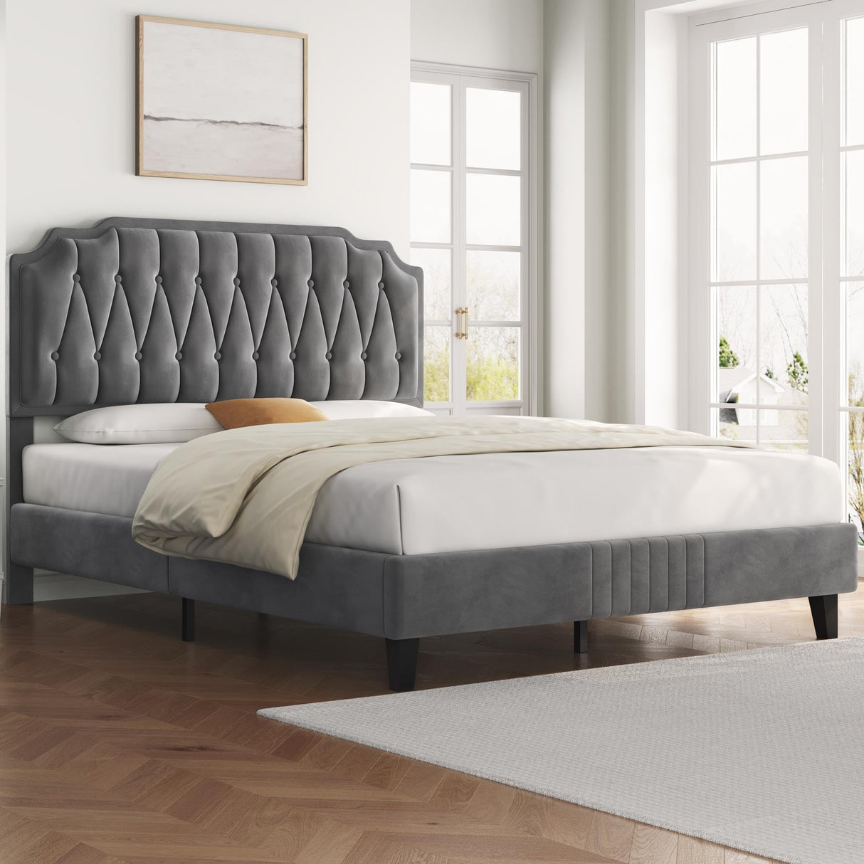 Yaheetech Dark Gray Velvet Upholstered Queen Bed Frame with Adjustable Curved Headboard Yaheetech