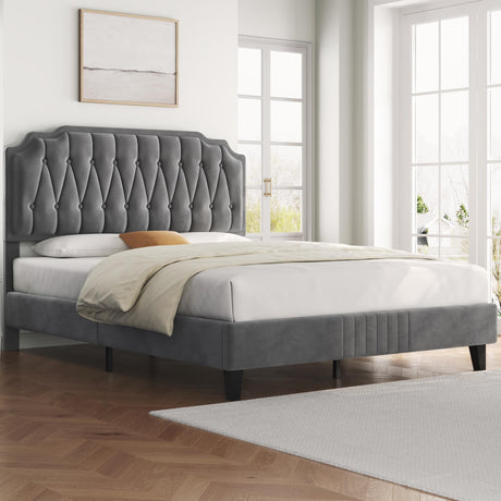 Yaheetech Dark Gray Velvet Upholstered Queen Bed Frame with Adjustable Curved Headboard Yaheetech