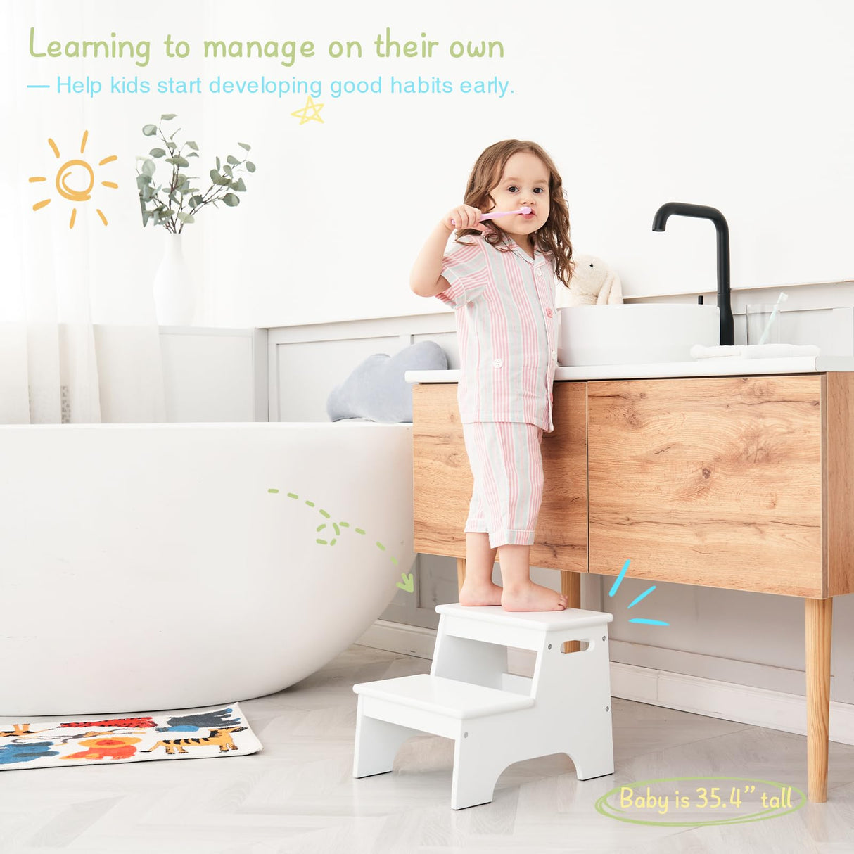 Forbena Wood 2 Step Stool for Kids Bathroom Sink, White Toddler Step Stool for Toilet Potty Training, Child Stepping Stool for Kitchen Nursery Bedroom, Sturdy Non Slip Adult Stool for Closet Forbena