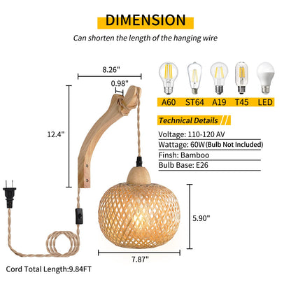 Frideko Bamboo Lantern Plug in Wall Sconces Wicker Wall Lamp with Plug in Cord Hand Woven Rattan Wall Light Farmhouse Rustic Wall Sconces Boho Sconces Wall Lighting for Living Room Bedroom - WoodArtSupply