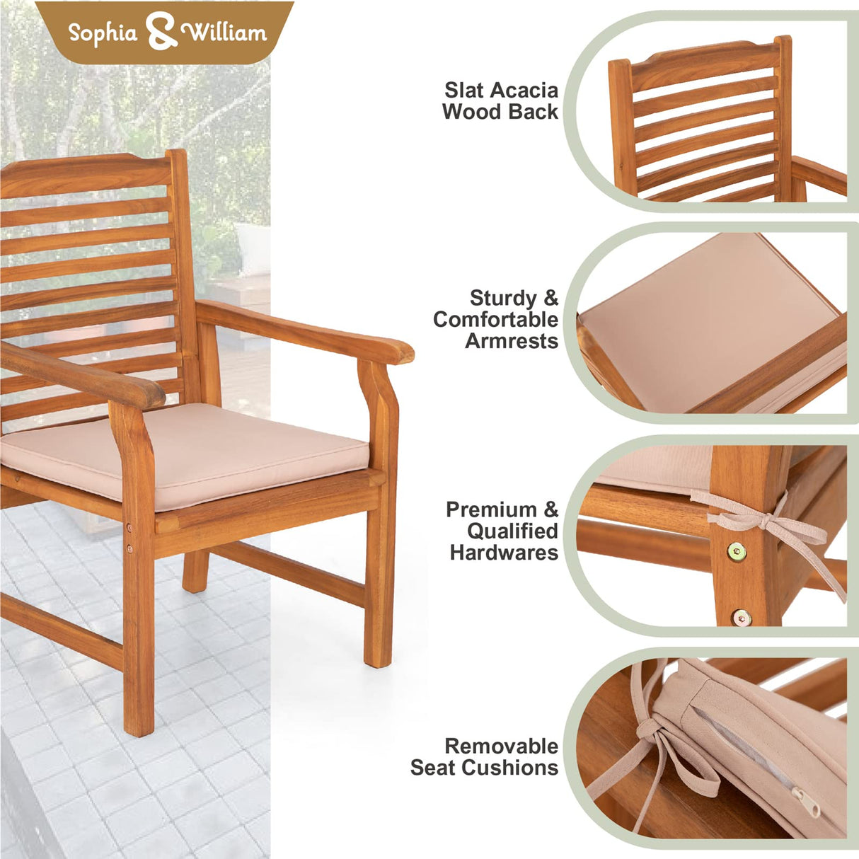 Sophia & William 2 Pieces Acacia Wood Patio Dining Chairs with Cushions, Outdoor Oil Finish Middle Back Wooden Armchairs Set of 2, Natural Wood Chairs for Porch Yard Balcony Deck, Teak Sophia & William