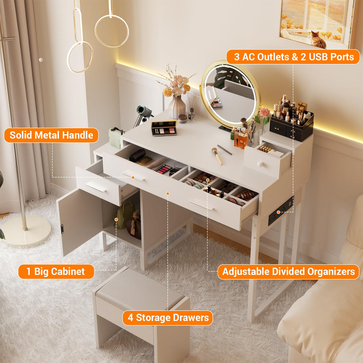 Vanity Desk with 4 Storage Drawers - Modern Makeup Vanity Table with Charging Station, White Vanity Desk with Reversible Cabinet Dressing Table Set with Divided Organizers for Women Girls, White Besiost