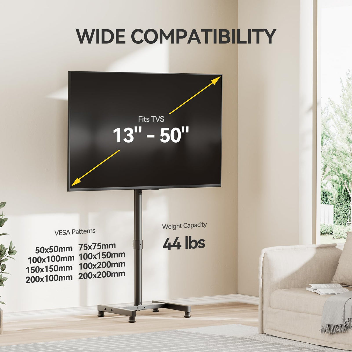 AM alphamount TV Floor Stand for 13-50 inch Flat/Curved TVs up to 44 lbs, 8 Level Height Adjustable Monitor Floor TV Stand with VESA 200x200, Portable TV Mount Stand for Living Room, Bedroom, Office AM alphamount