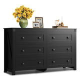 WLIVE Farmhouse 6 Drawer Dresser for Bedroom, 53.07'' Wide Wood Dresser, Black Dresser Storage with Double Rustic Handle, TV Stand for 60 inch TV, Chest of Drawers for Living Room, Hallway WLIVE