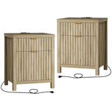 OAKHAM HOME Oxford 2 Drawer Nightstand, End Table with Charging Station, Night Stand with Fluted Panel, Farmhouse Sofa/Bed Side Table Set of 2 (Sunwashed Ash Oak) OAKHAM HOME