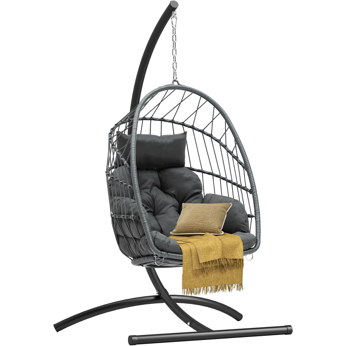 DWVO Egg Chair with Stand, Hanging Outdoor Rattan Wicker Patio Hammock Indoor Egg Chair with Cushion, Hanging Swing Chair 350lbs for Porch, Garden, Bedroom, Balcony, Gray DWVO