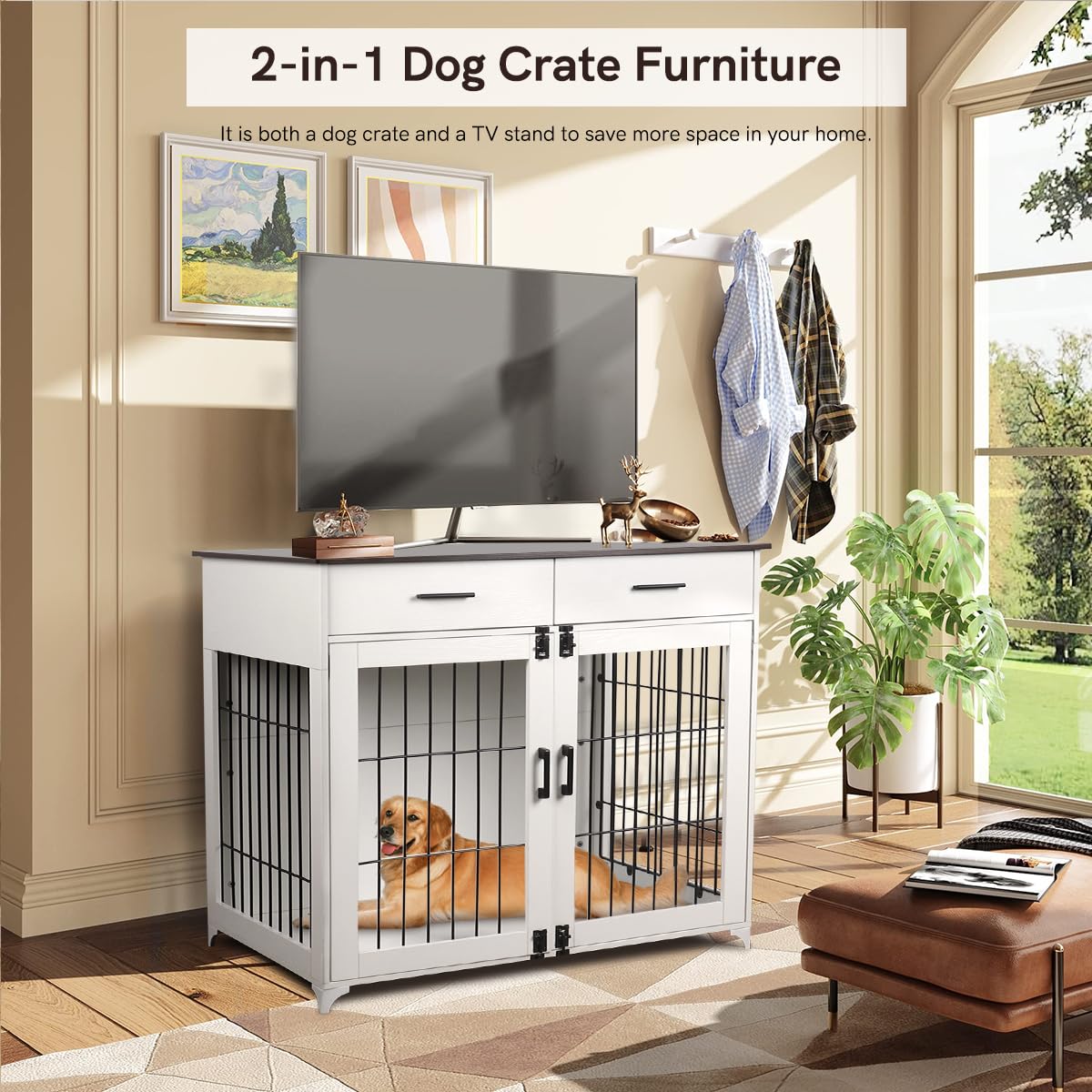 Snowtaros Dog Crate Furniture, 36.6 Inch Large Dog Crate with Drawers, Wooden Dog Kennel Indoor for Small Medium Large Dogs, Heavy Duty Dog Crate End Table with Double Doors Snowtaros