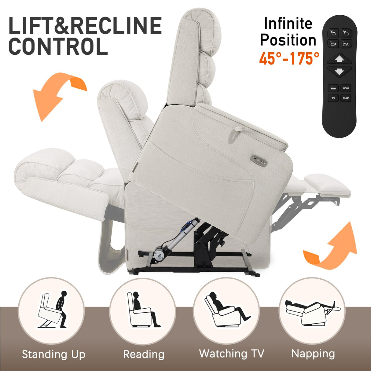 EONIX Wide Lay Flat Power Lift Recliner Chair for Elderly, Heavy Duty Oversized Fabric Lift Chairs Recliner Sofa with Heat and Massage and Charging Ports, Chenille White EONIX