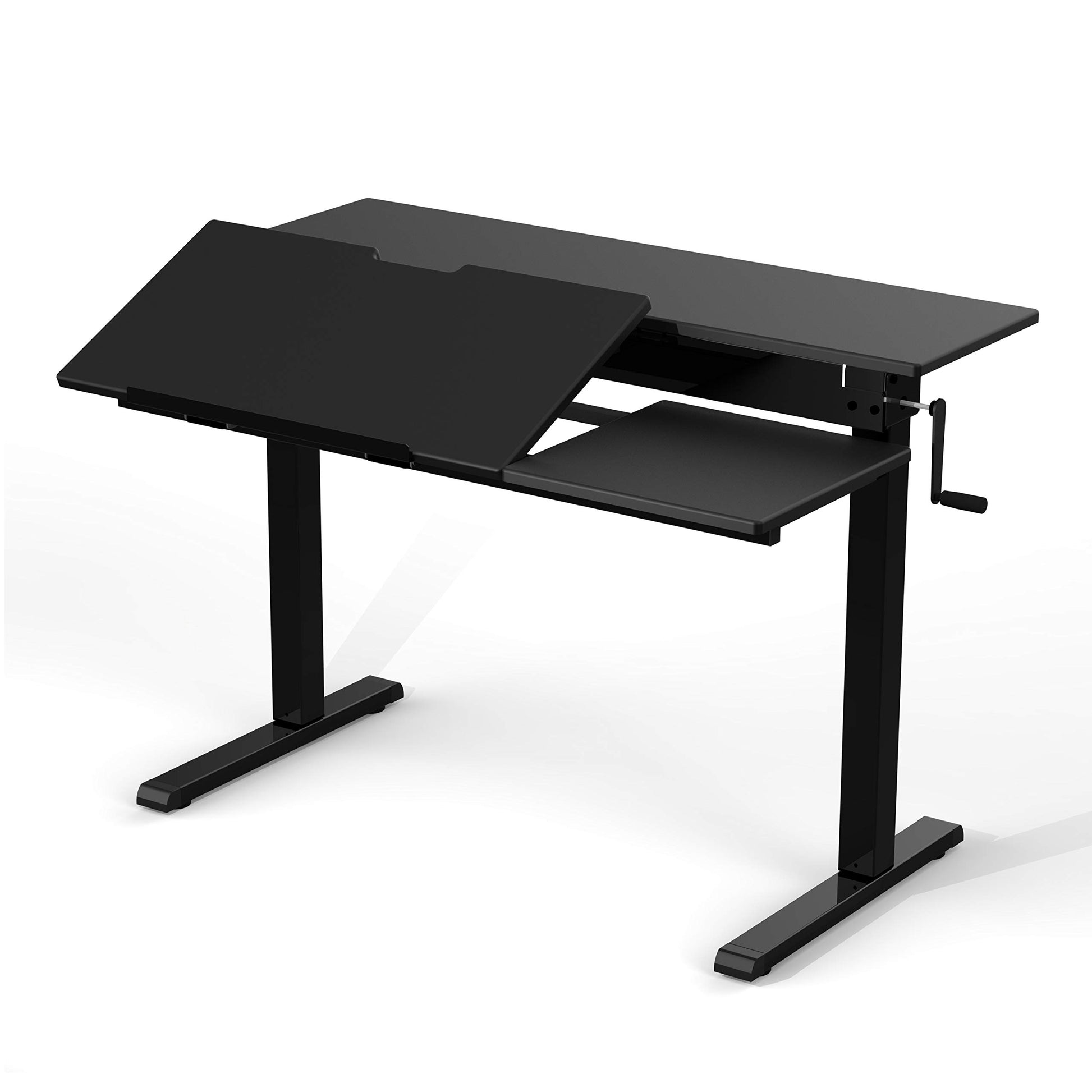 Stand Up Desk Store 48" Crank Adjustable Height Split Level Drafting Table Ergonomic Desk with Monitor Shelf (Black/Black) - WoodArtSupply