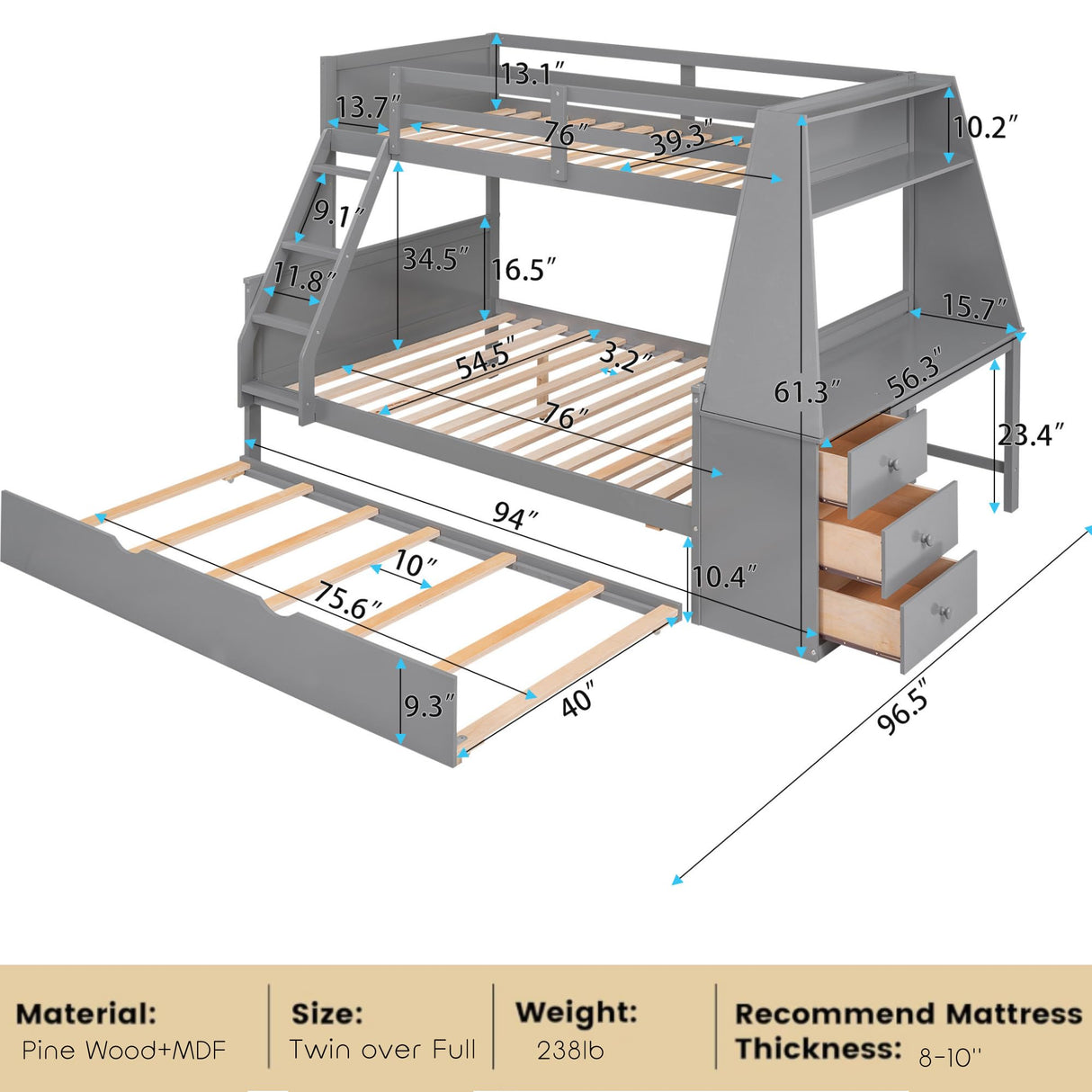 Twin Over Full Bunk Beds with Trundle and Desk Wood Bunk Bed Frame with Three Storage Drawers and One Shelf for Kids Boys Girls Teens, Gray Bellemave