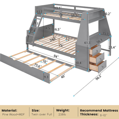 Twin Over Full Bunk Beds with Trundle and Desk Wood Bunk Bed Frame with Three Storage Drawers and One Shelf for Kids Boys Girls Teens, Gray