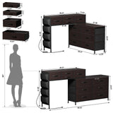 REAHOME Dresser for Bedroom with Charging Station and LED Light, 67" Rotatable Vanity Desk with LED Light and Side Pockets, Makeup Table with 10 Fabric Drawers, Modern Home Office Desks, Brown REAHOME