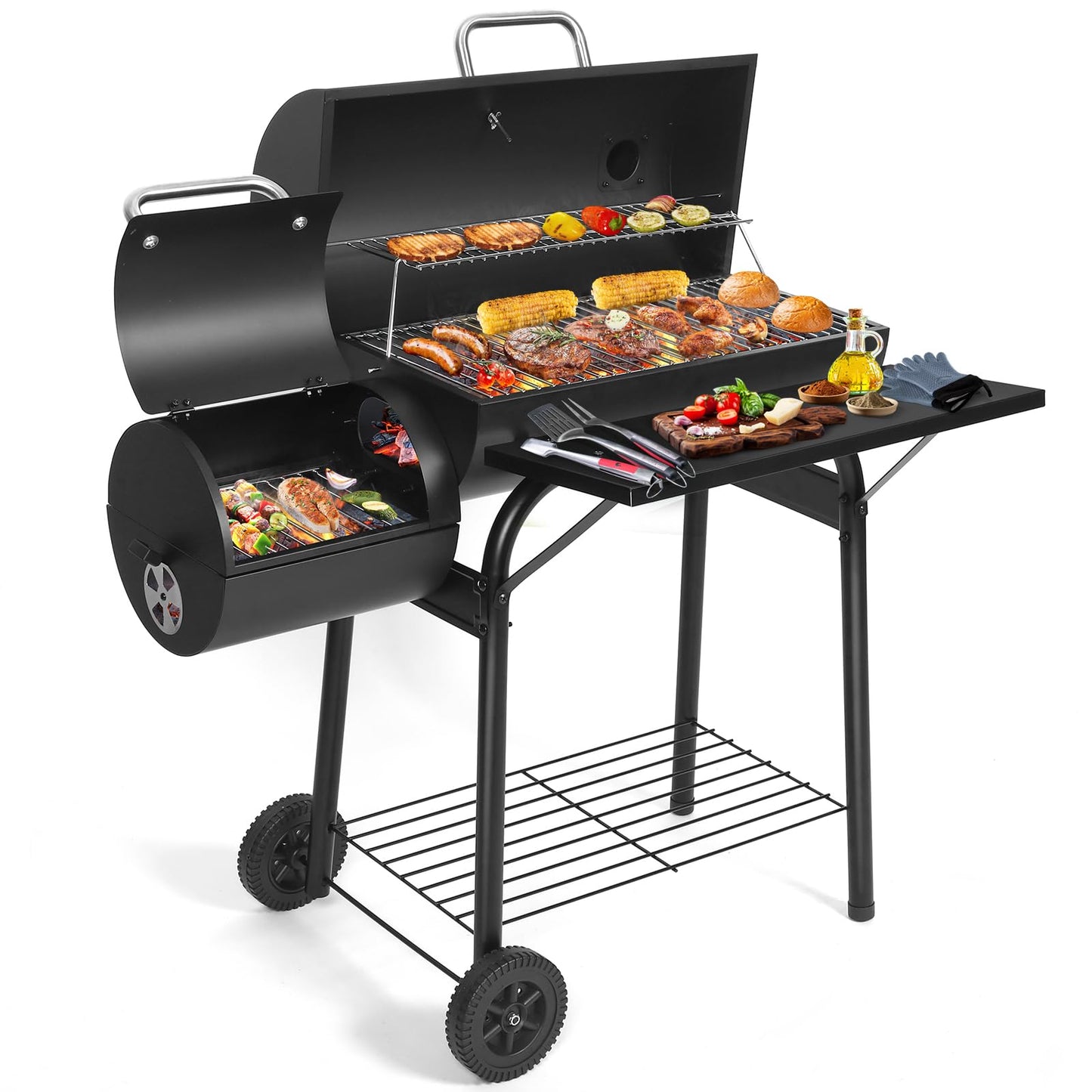 SUNLIFER Charcoal Grill Offset Smoker: Charcoal Barbecue Grills with Spacious Cooking Area | Barrel BBQ Grill and Smokers Combo for Outdoor Patio Backyard Camping and Parties