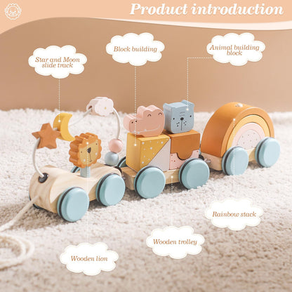 Wooden Train Toys Set Wooden Stacking Train for Toddler Animal Train Toy Montessori Toys for 1 2 3 Boy Girl Christmas Birthday Gift