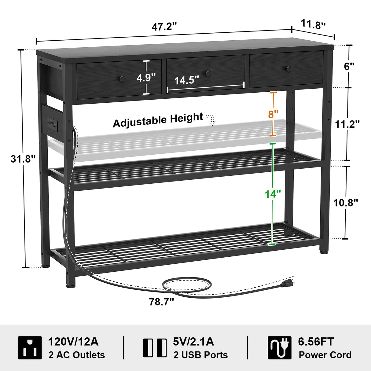 Ecopriso 47'' Entryway Table with Outlets and USB Ports, Console Table with 3 Drawers, Sofa Table Narrow Long with Storage Shelves for Living Room, Couch, Hallway, Foyer, Kitchen Counter, Black Ecoprsio