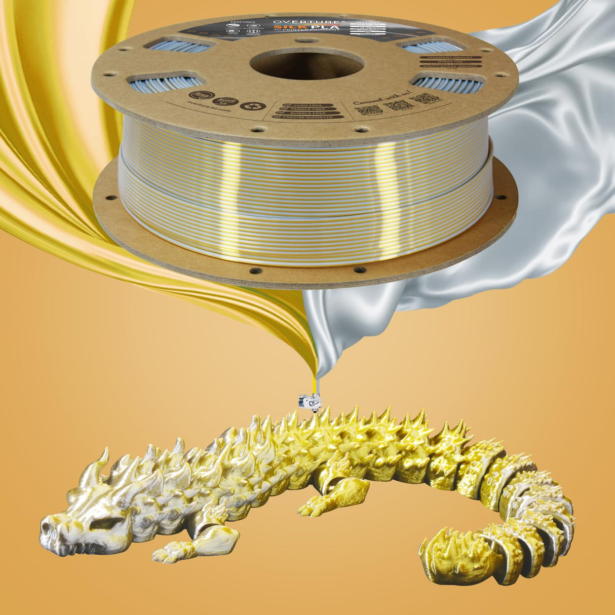 OVERTURE Silk PLA 1.75mm Dual Color Filament, Clog-Free Shiny 3D Printer Filament, 1kg Spool(2.2lbs), Dimensional Accuracy +/- 0.02 mm, Fit Most FDM Printer(Silk Gold-Silver) OVERTURE