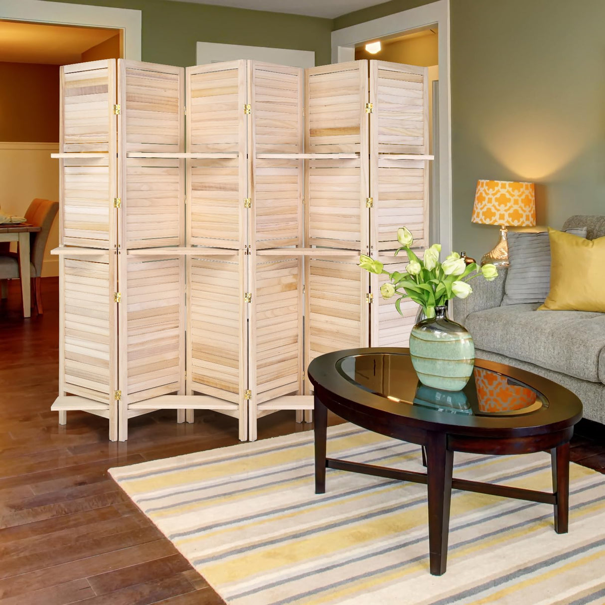 Bonnlo 6 Panels Wood Room Divider with Shelves, 6 FT Height Folding Privacy Screens, Indoor Freestanding Room Partition Wall Divider, Hinged Space Separator (Natural, 6 Panel) Bonnlo