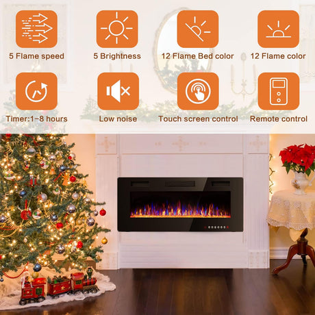 Vitesse 50 inch Ultra-Thin Electric Fireplace in-Wall Recessed and Wall Mounted Linear Fireplace Heater with Multicolor Flame,Timer,Low Noise,750/1500W,Touch Screen & Remote Control(50’’) VITESSE
