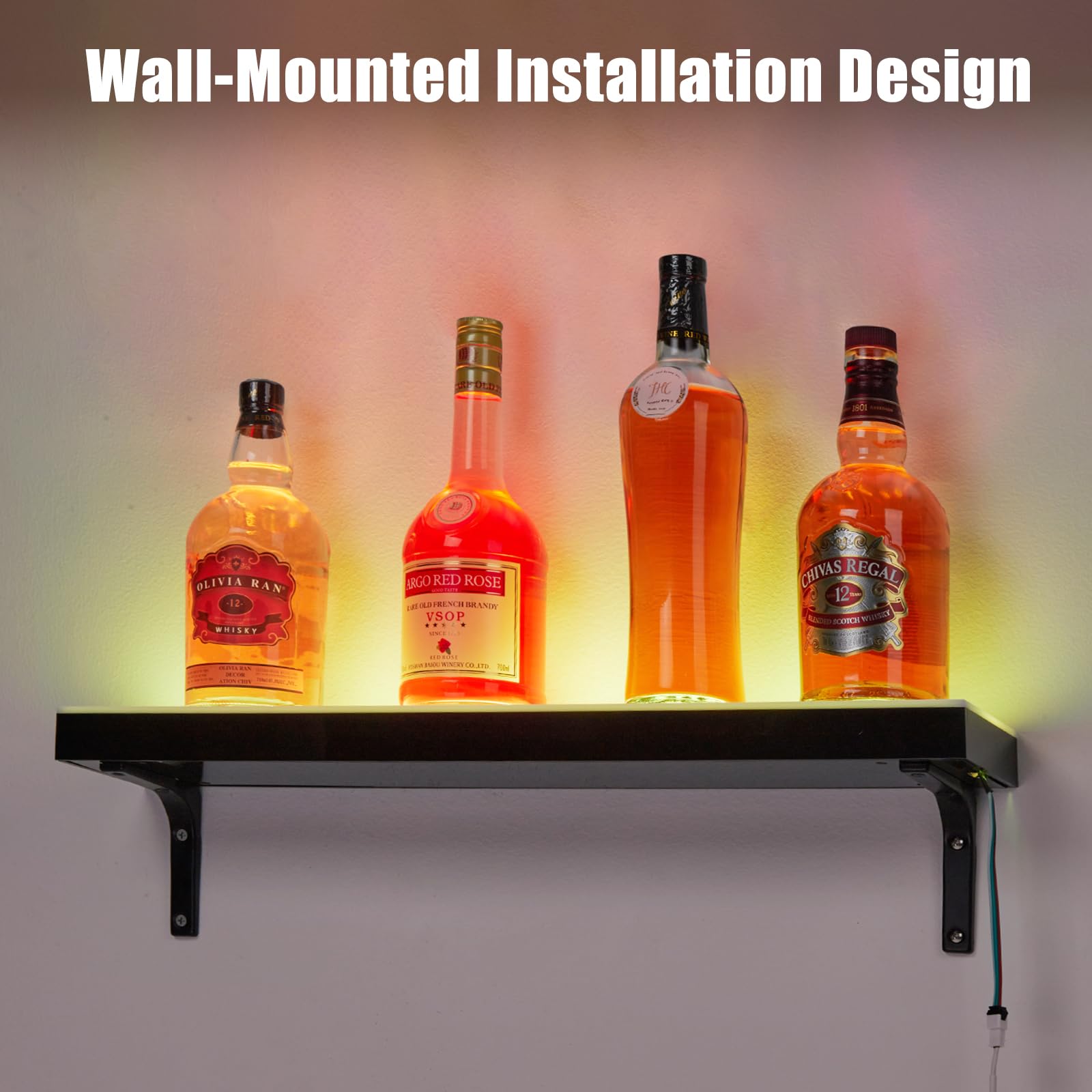 GarveeTech LED Lighted Liquor Bottle Display Shelf - 1-Step, 24-Inch, Remote & App Control, Acrylic with Wine Holder Slots, Multi Functional Wine Rack - WoodArtSupply