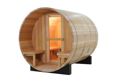 ZONEMEL Indoor and Outdoor Barrel Sauna Room with Porch, Asphalt Shingle Roof, Canadian Hemlock Wood Steam Sauna with 6KW Harvia Heater, Tempered Glass, Mostly for 6 People Sauna Bath - WoodArtSupply