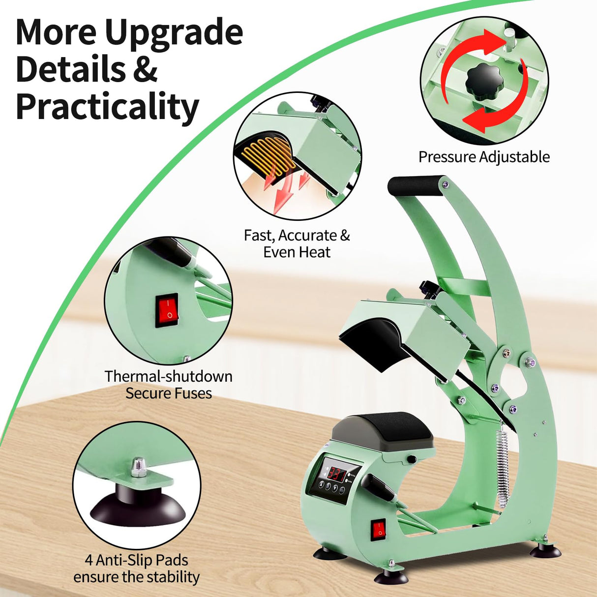 Hat Press, Hat Press Heat Machine for Caps with LCD Control, Hat Heat Press with 2pcs Interchangeable Platens & Caps Stretcher for Vinyl, Sublimation, Heat Transfer (Green) EONIX