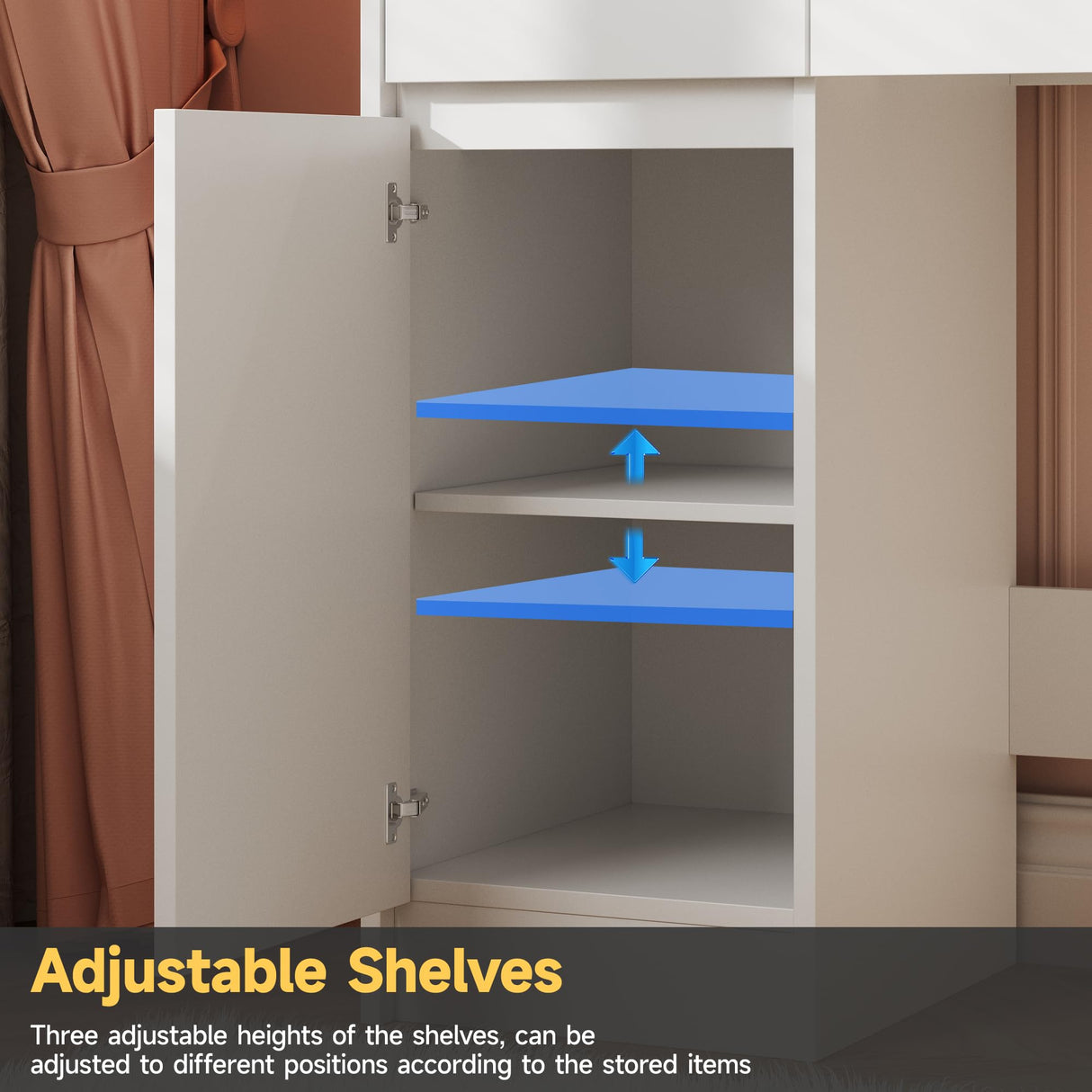 Vabches Makeup Vanity Desk with Mirror and Lights, White Vanity Table with Lighted Mirror & Power Outlet, Makeup Desk with 2 Drawers and Cabinet, for Bedroom Vabches