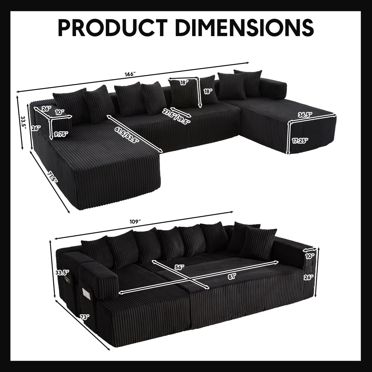 Oversized Cloud Boneless Couch with Chaise, Modern Modular Sofa with Deep Seat, Various Combinations Upholstered Couches with Storage, No Assembly Required-Black ZEIINPA