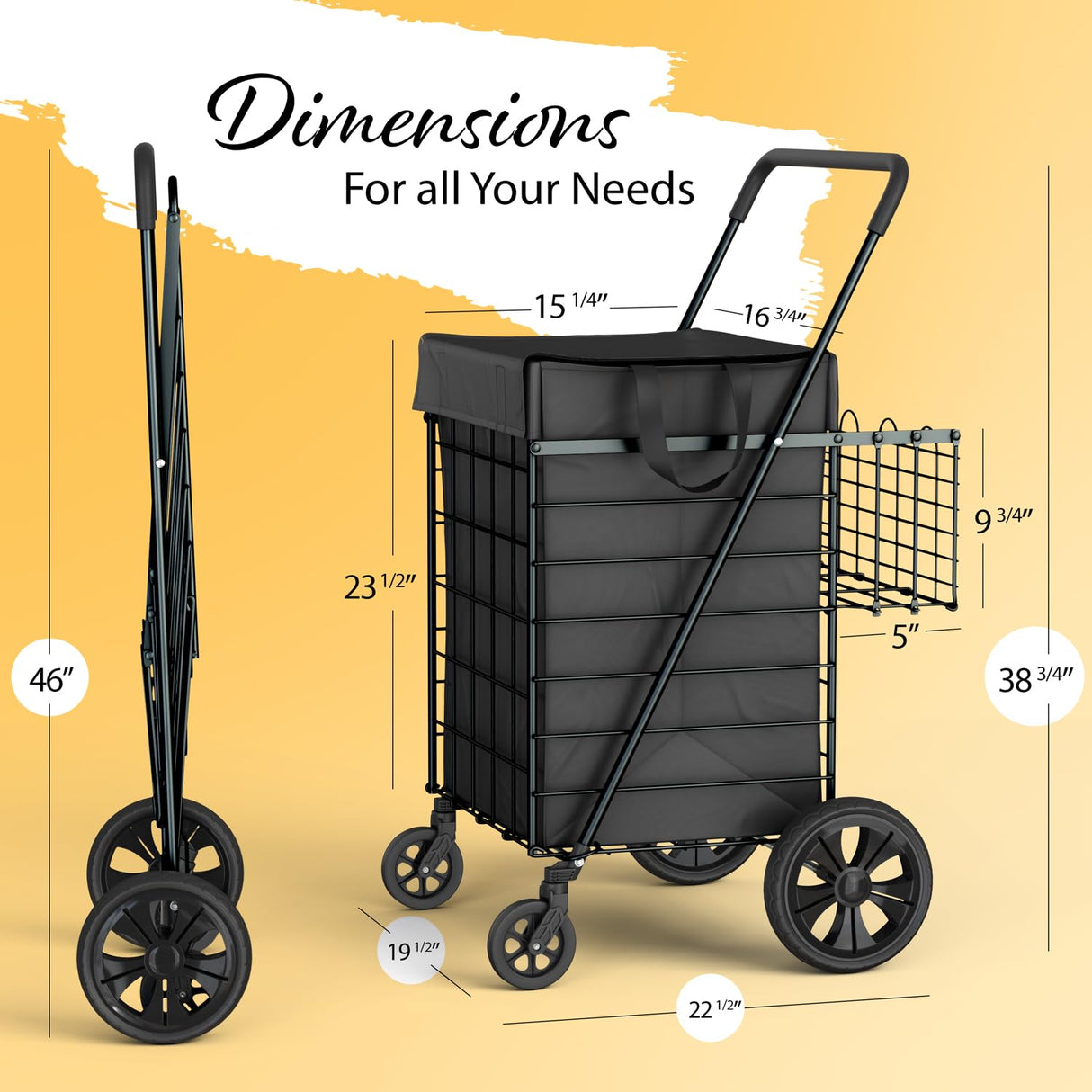 Our Modern Space Shopping Cart w/Waterproof Basket Liner & 360° Swivel Wheels | Foldable Collapsible & Lightweight | Perfect for Groceries Laundry Utility Cart - Black Our Modern Space