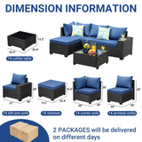 Jing's Villa 5-Piece Patio Furniture Set, All-Weather Outdoor Wicker Sectional Sofa with Cushions, Tempered Glass Table & Ottoman,Rattan Conversation Seating for Porch, Garden, Backyard,Navy Jing's Villa