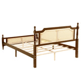 Ball & Cast Queen Traditional Pine Wooden Platform Bed with Rattan Headboard and Footboard,Bed Frame w/Central Enhanced & Underbed Storage Space,Slat Support,for Apartment,Bedroom,Walnut Ball & Cast