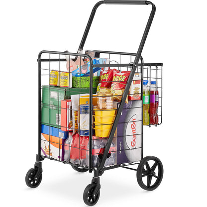 VEVOR Folding Shopping Cart, Jumbo Grocery Cart with Double Baskets, 360° Swivel Wheels, Heavy Duty Utility Cart, 110 LBS Large Capacity Utility Cart for Laundry, Shopping, Grocery, Luggage - WoodArtSupply