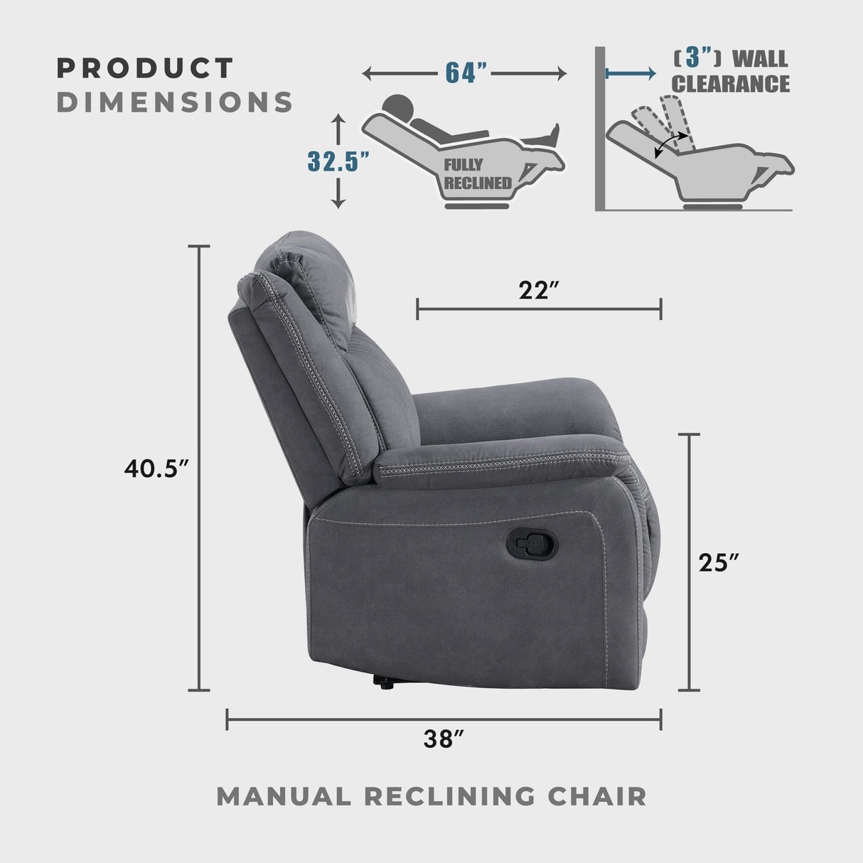 Lexicon Manual Recliner Chair, Polished Microfiber Reclining Sofa Chair, Home Theater Seating, Wall Hugger Manual Recliner for Living Room/Office/Apartment, Gray Lexicon