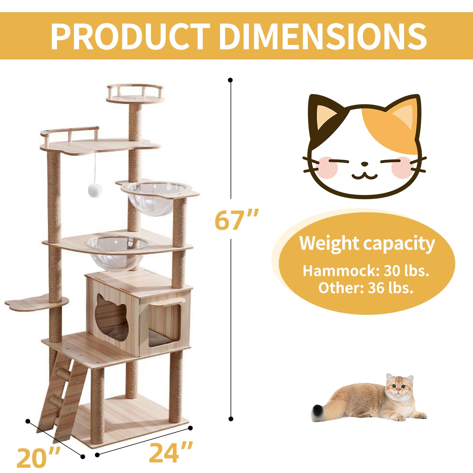 Oceskyha Cat Tree, Modern Cat Tree Tower for Indoor Cats - 67" Tall Wood Condo with Hammock, Scratching Post and Toy for Small Large Cats (Natural Color 01) - WoodArtSupply