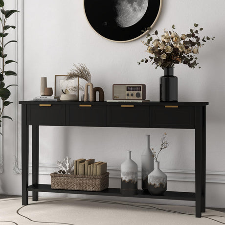 Kinsuite Long Sofa Table with 4 Drawers - Modern Black Console Table with 1 Bottom Shelf, 60 inch Wood Hallway Table Entryway Table for Living Room Bedroom Kitchen Kinsuite
