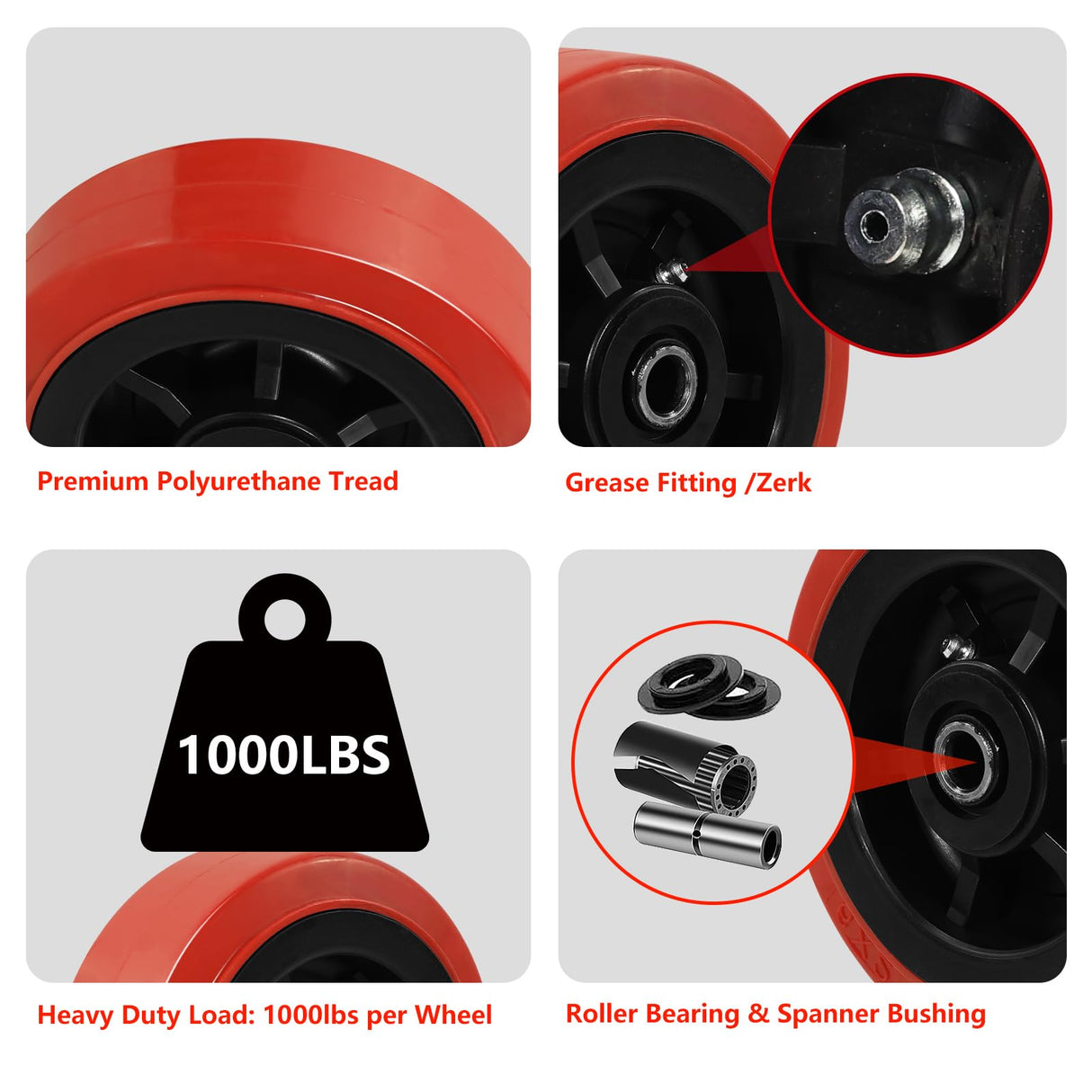 NINOSO 6" x 2" Heavy Duty Caster Wheels, 1/2" Bore Axle Non-Marking Polyurethane Wheel with Roller Bearing, Set of 4 Replacement Wheels with 4000 lbs Capacity (4 Pack) Ninoso