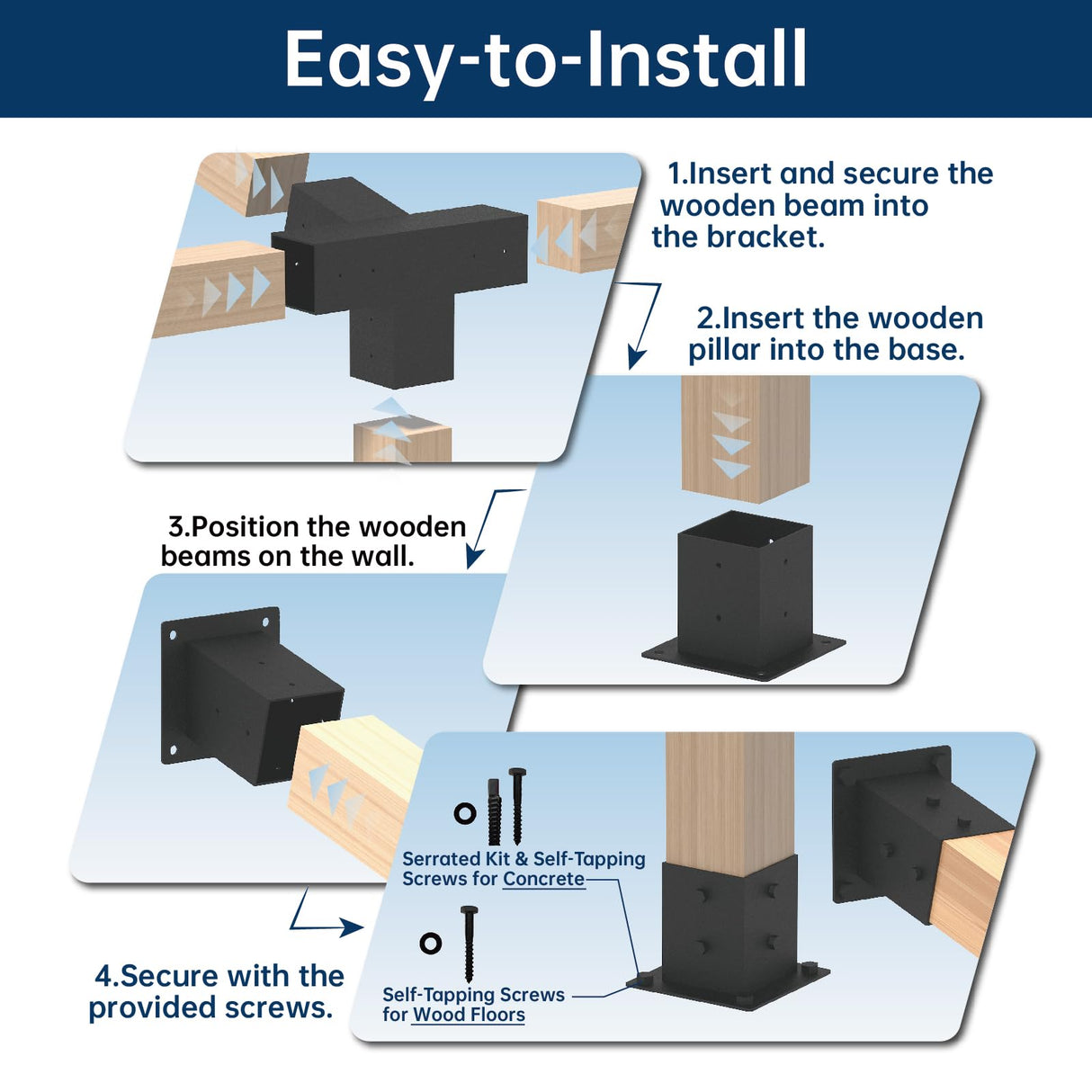 Pergola Bracket Kit 4x4, Including 1 Wall Base, 1 105 ° 4-Way and 1 Bases, 1 Set of Wall Mounted 15° Pitched Roof Mounting Kit for Extension, for Shading Facilities Attached to Walls or Eaves MEWSDEN